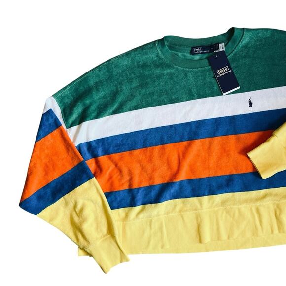 Polo Ralph Lauren Women’s M NWT Cotton Terry Stripe Sweatshirt Cropped Pullover - Picture 5 of 15